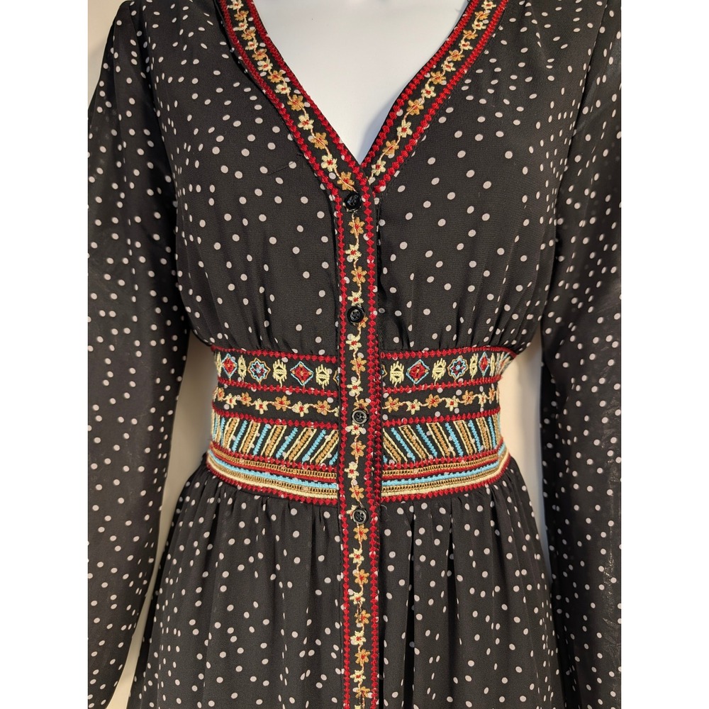 André Sz S Winter Dress Black Polka Dot Embroidered Trim V Neck Tiered Midi - Picture 2 of 4